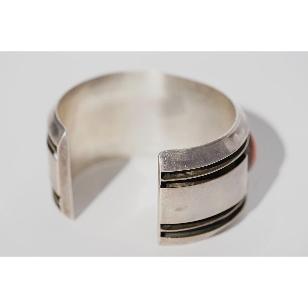 Old Pawn Native American Indian Sterling Silver Coral Cuff Bracelet - Heavy - Picture 6 of 9